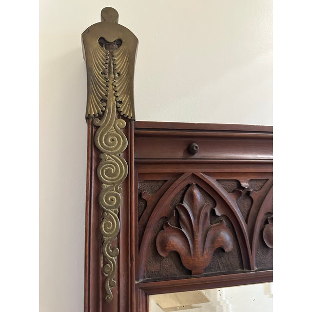 Wood Large Antique Gothic Revival Carved Wood Overmantel Mirror For Sale - Image 7 of 8