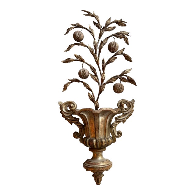 Large Mid Century Vintage Italian Iron and Wood Wall Decor With Fruits and Leaves For Sale