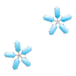 Turquoise and Diamond Stud Flower Earrings - 2 Pieces