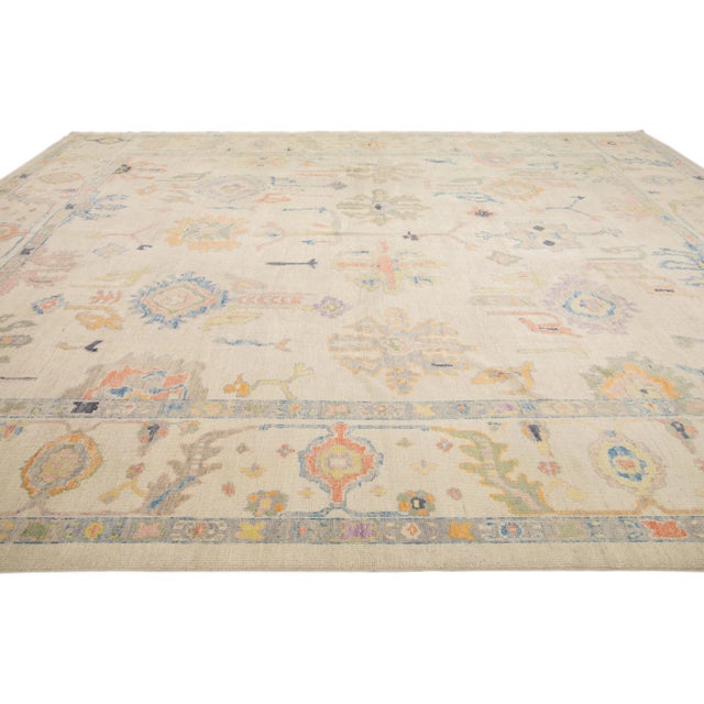 Modern Modern Turkish Oushak Handmade Floral Beige Oversize Wool Rug For Sale - Image 3 of 9