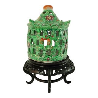 Vintage Chinese Ceramic Pagoda Tea Light Candle Holder Wooden Stand For Sale