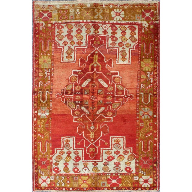 Textile Colorful Antique Turkish Oushak With Red, Rose, Ivory, Yellow-Green & Yellow For Sale - Image 7 of 7