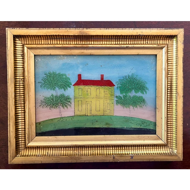 Antique 19th Century American Folk Art Primitive Eglomise Reverse Painting on Glass of a Federal House in a Landscape For Sale - Image 4 of 8