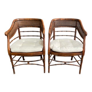 Vintage Hollywood Regency Faux Bamboo Caned Barrel Chairs ~ a Pair For Sale