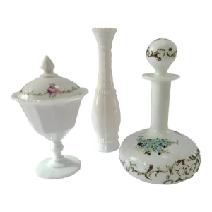 Early 20th Century Hand-Painted Milk Glass Set- 3 Pieces