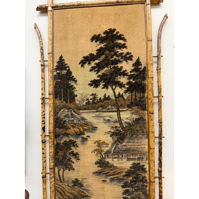Pair of Scenic Asian Silk and Cotton Panels in Tortoise Bamboo Frames, C. 1920’s For Sale - Image 9 of 12