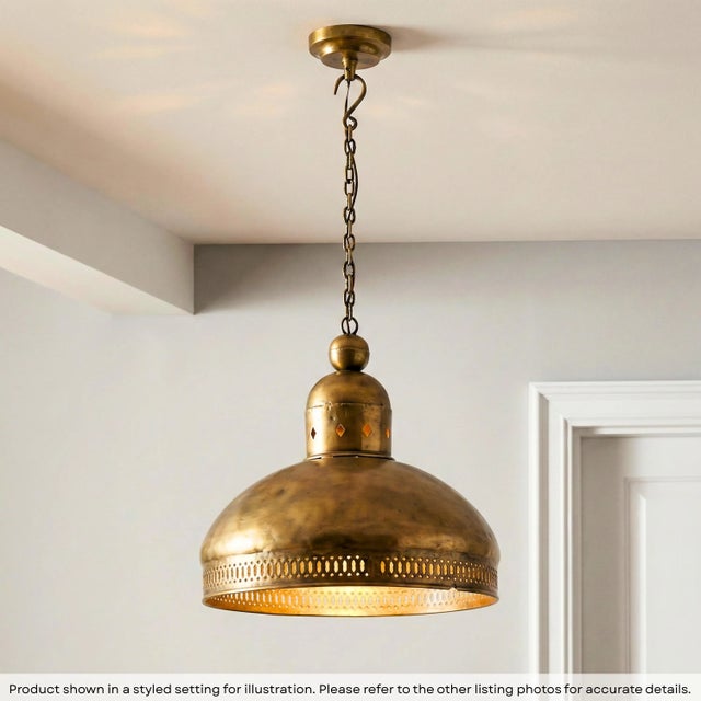 Dimensions: 16" W x 16" D x 18" H This is a vintage pendant lamp in an antiqued brass finish. Hang it anywhere in the...