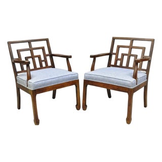 Vintage Chinese Chippendale James Mont Style Fretwork Lounge Arm Chairs - A Pair For Sale