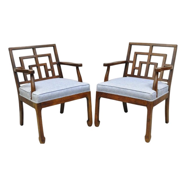 Vintage Chinese Chippendale James Mont Style Fretwork Lounge Arm Chairs - A Pair For Sale