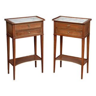 Pair of French Nightstands or Bedside Tables of Mahogany With Inset Marble Tops For Sale