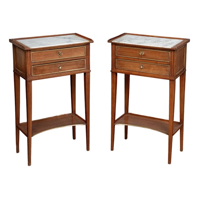 Pair of French Nightstands or Bedside Tables of Mahogany With Inset Marble Tops For Sale