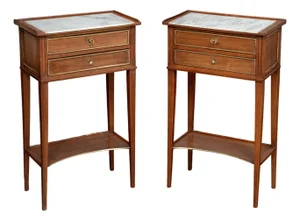 Pair of French Nightstands or Bedside Tables of Mahogany With Inset Marble Tops