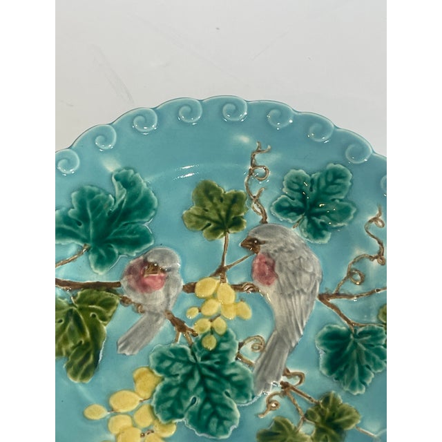 Digoin & Sarreguemines Pair French Antique Majolica Bird & Grape Pates by Sarreguemines, C1880 For Sale - Image 4 of 15