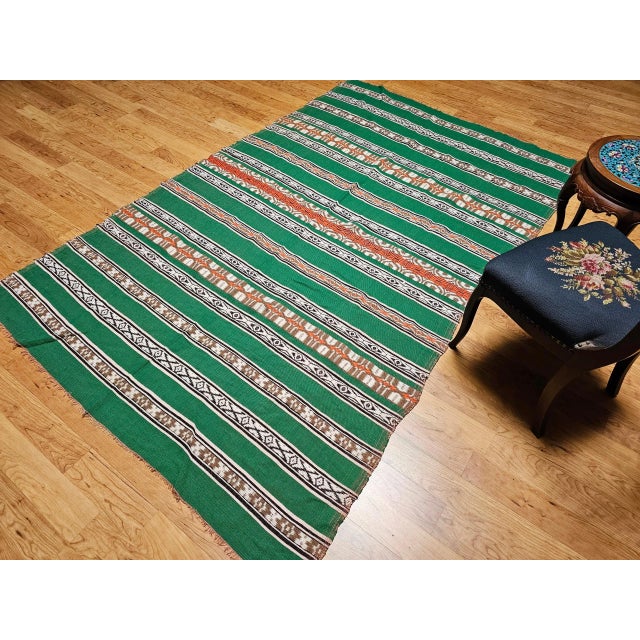 Rustic Vintage American Southwestern Blanket, Handwoven Stripe Pattern, Green & Ivory, 5’ X 8’ For Sale - Image 3 of 12