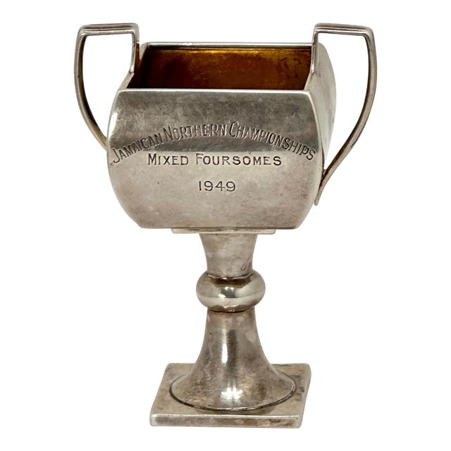 Antique 1877 London England Sterling Silver Trophy Cup With 1949 Mixed Foursomes Tennis Championship Presentation Engraving For Sale