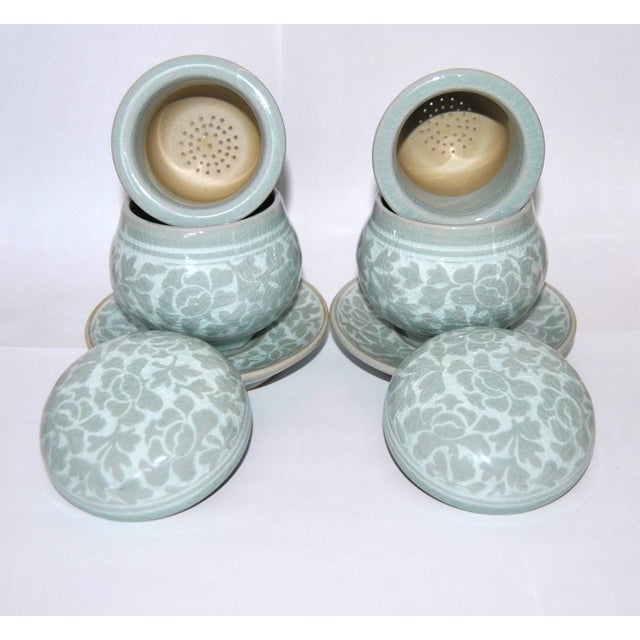 1980s 1980s Celadon Pottery Tea Bowls Lidded Chawan and Saucers With Strainers- Set of 2 For Sale - Image 5 of 9