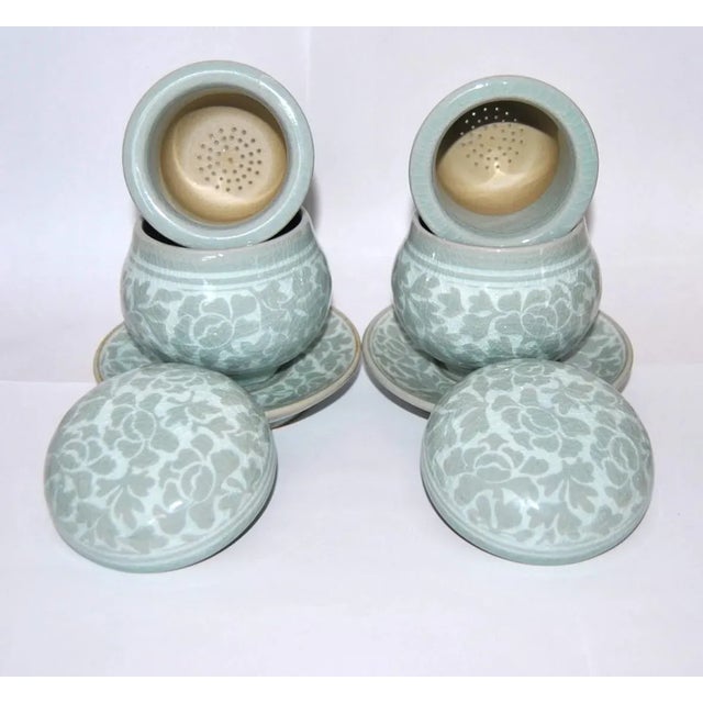1980s Authentic Celadon Pottery Tea Bowls Lidded Chawan and Saucers W/ Strainers- Set of 2 For Sale - Image 5 of 9