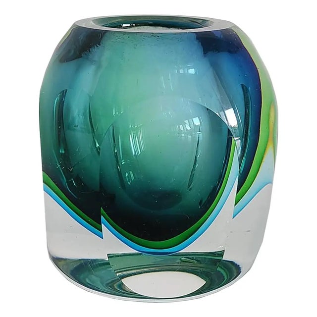 Offered is a chunky, heavy faceted art glass Sommerso bud vase in the style of the ones designed by Flavio Poli for Seguso...