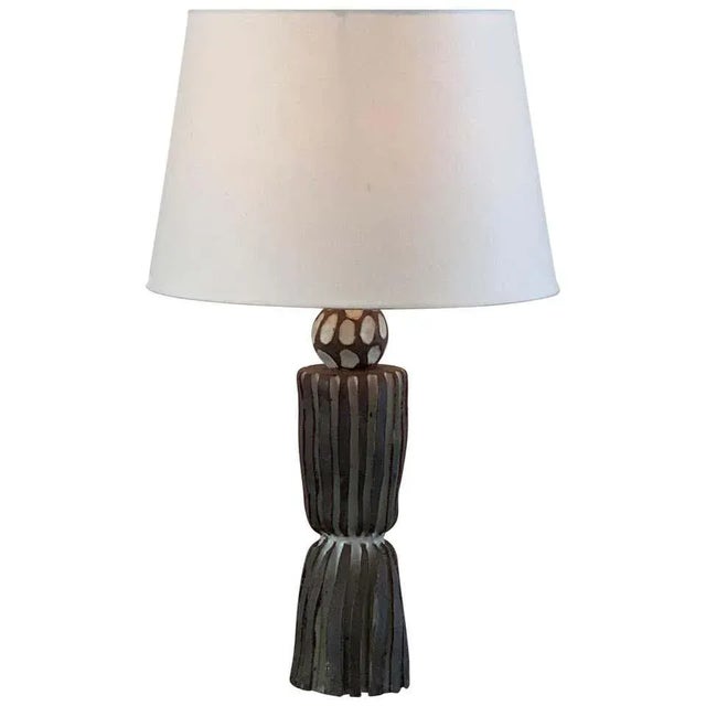 Ceramic Sillons' Grooved Pottery Lamp With Parchment Shade by Design Freres For Sale - Image 7 of 7