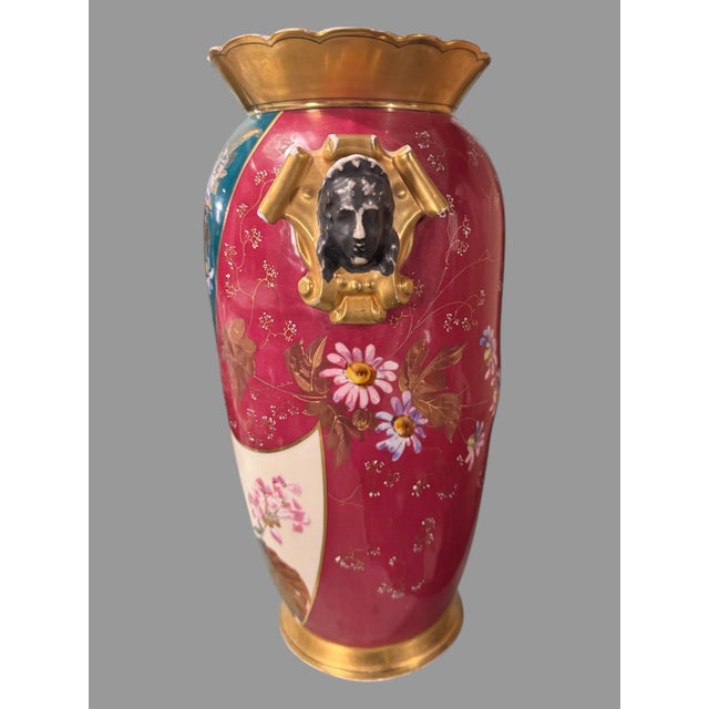 Victorian Antique Aesthetic Victorian 15" Hand Painted Porcelain Vase W Portrait Handles For Sale - Image 3 of 7
