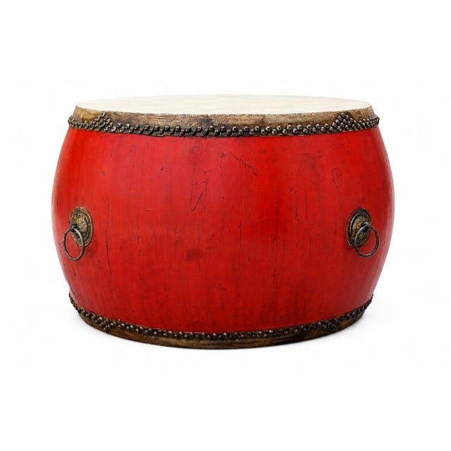 Monumental Antique 48" Chinese Ceremonial Drum Round Table Red Lacquered For Sale - Image 15 of 18