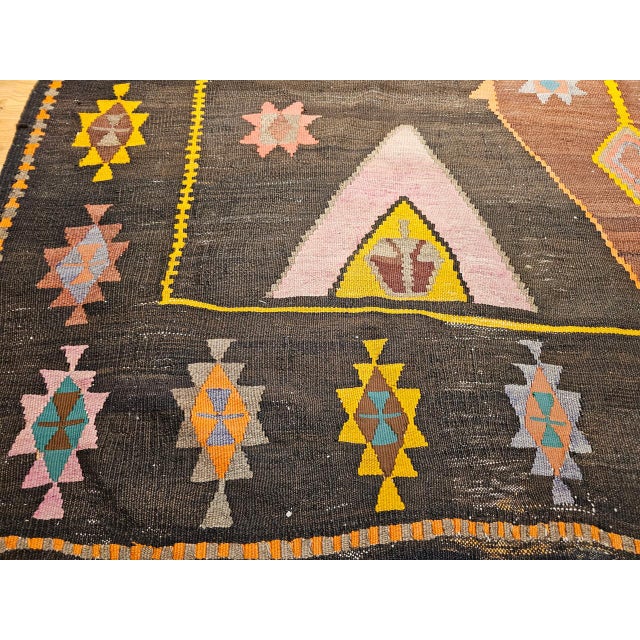 Vintage Turkish Kilim Rug, Handwoven Wool, Chocolate Brown, Pale Green, 7x11 For Sale - Image 11 of 15