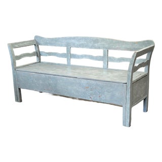 Antique 19th Century Swedish Storage Bench With Blue/Gray Paint and Linen Cushion For Sale