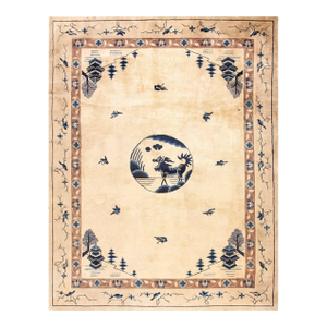 Wonderful Beige Background Color With a Dog in the Centre Chinoiserie Pattern Antique Chinese Peking Rug