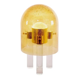 Wireless Italian Dimmable Amber Murano Glass Space Age Gold Brass Table Lamp For Sale