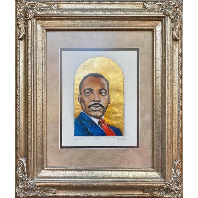 Impressionist Duke Windsor, "Dr. King", Impressionist Portrait: Realist Watercolor and Gold Leaf Art For Sale - Image 3 of 3