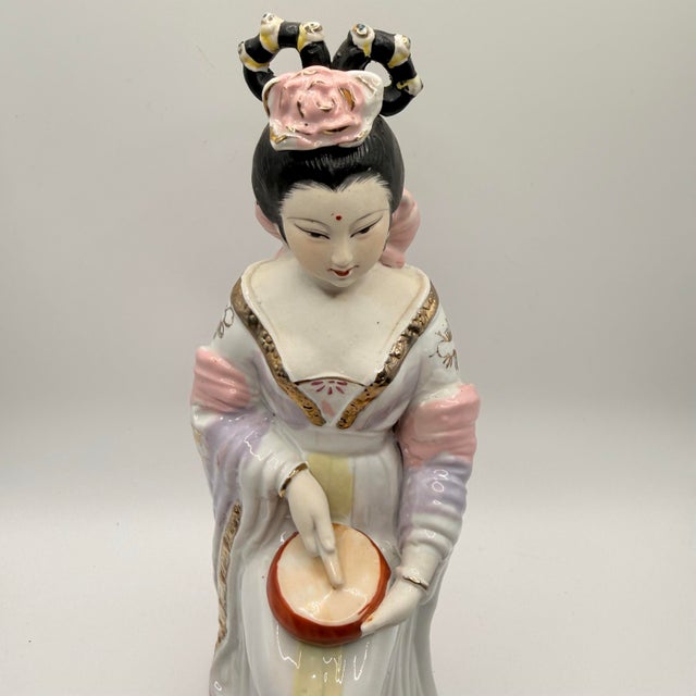 Ceramic Vintage Chinese Porcelain Girl Court Lady Shougu Hand Drum Musician Geisha Style For Sale - Image 7 of 12