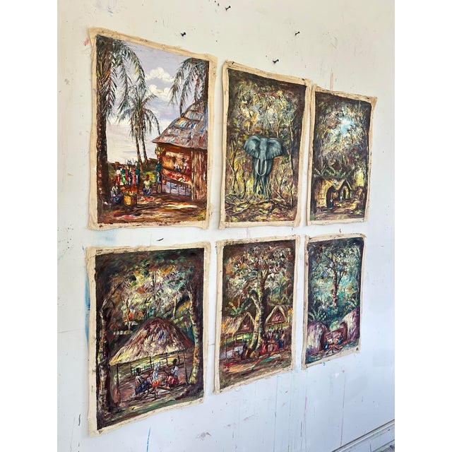 A set of 6 vintage plein air / oil paintings performed on linen / canvas of African life. The artist clearly was traveling...