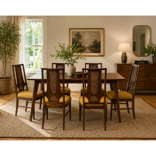 A rare set of six vintage walnut dining chairs, crafted by Broyhill for the iconic Brasilia collection, circa early 1960s....