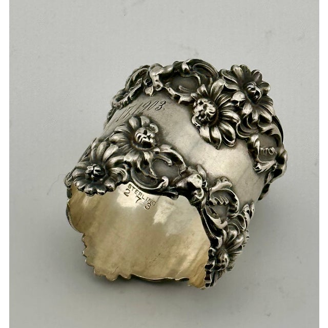 Silver Outstanding Large Antique Fancy Art Nouveau Flower Design Sterling Silver Napkin Ring Dated 1903 For Sale - Image 8 of 18