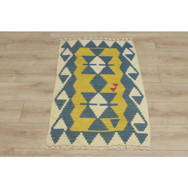 1960s Traditional Geometric Blue and Yellow Cappadocia Kilim Rug For Sale - Image 13 of 13