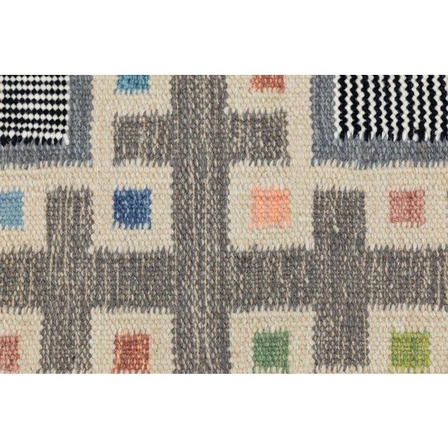 Modern Swedish Style Handmade Wool Rug With Grid Motif and Colorful Accents For Sale In New York - Image 6 of 11