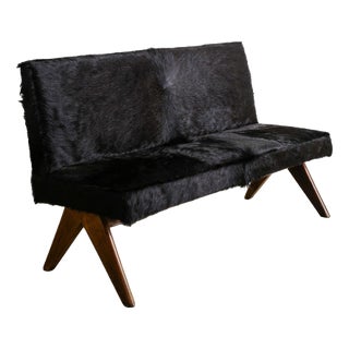 Mid-Century French Wooden & Brown Pony Hair Public Bench Sofa from Pierre Jeanneret, Chandigarh, India, 1950s For Sale