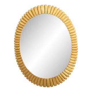 French Oval Midcentury Giltwood Mirror with Grooved Radiating Patterns For Sale
