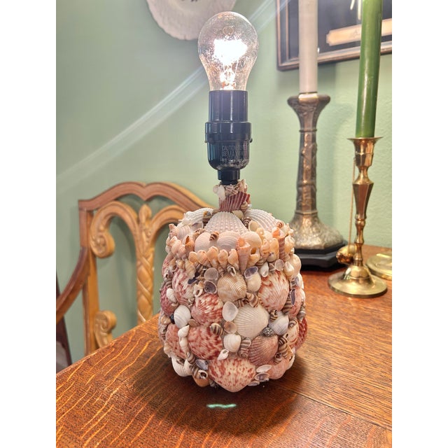 Nautical Vintage Shell Encrusted Boho Chic Grotto Petite Lamp With Shade For Sale - Image 3 of 11