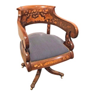 1920 Dutch Walnut and Marquetry Inlaid Desk Chair For Sale