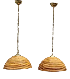 Bamboo and Brass Pendant Lamps, 1950s, Set of 2