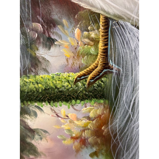 Textile Large White Peacock Garden Oil Painting in Antique Ornate Gilt Florentine-Style Frame For Sale - Image 7 of 12