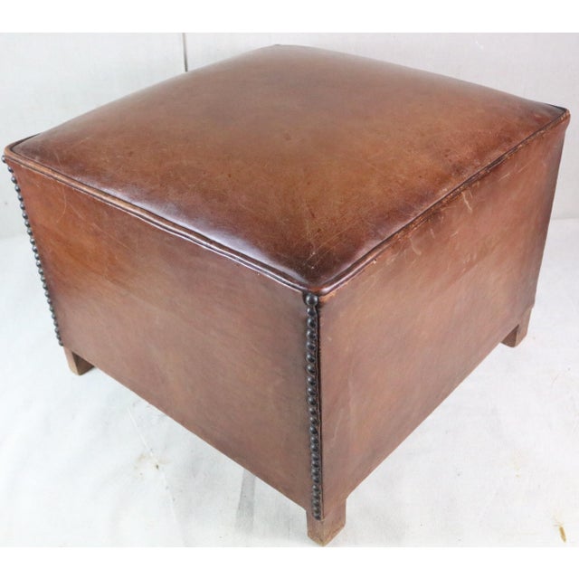 Brown Mid 20th Century French Leather Club Pouf For Sale - Image 8 of 8