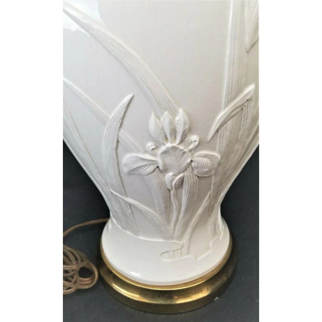 Ivory Paul Hanson Style Ceramic Lamp With Raised Iris Relief Design and Brass Base For Sale - Image 8 of 10