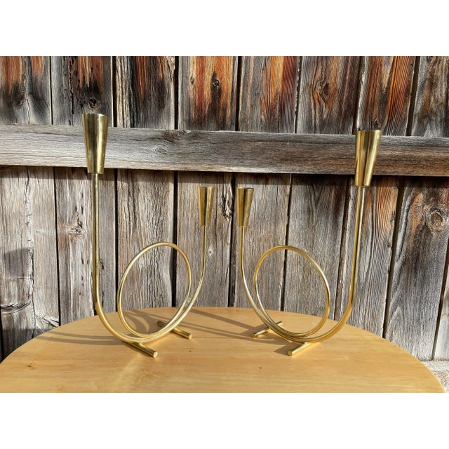 Mid-Century Modern Gold-Tone Metal Candelabras- a Pair For Sale - Image 10 of 12