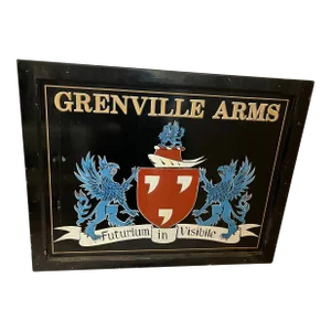 Vintage Double Sided English Pub Sign on Wood the Grenville Arms Griffins & Crest