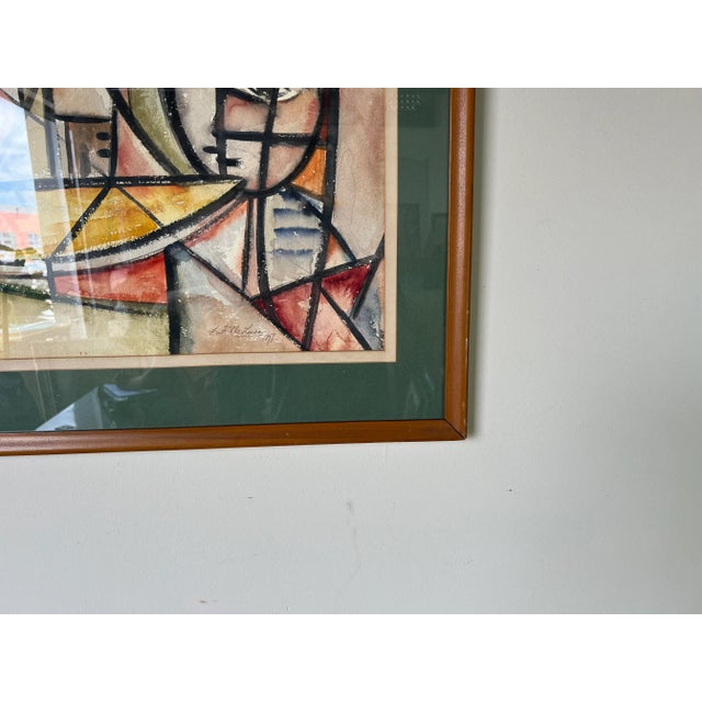 Glass 1960's L. F. De Lucas Mid-Century Modern Cubist Watercolor Painting For Sale - Image 7 of 12