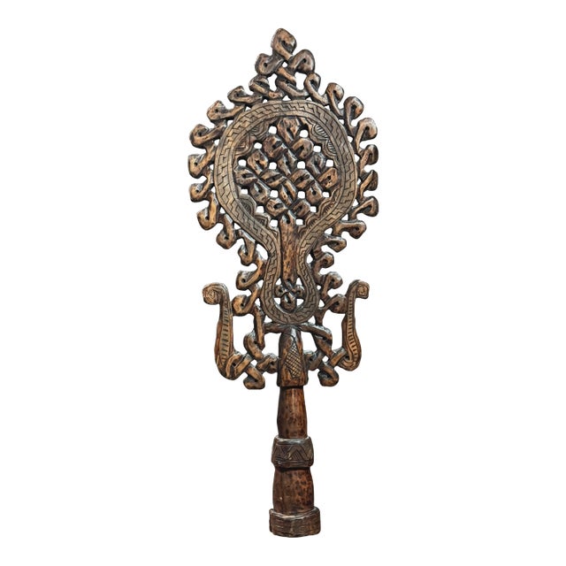 Vintage Large Ethiopian Folk Art Coptic Hand Carved Cross Finial For Sale