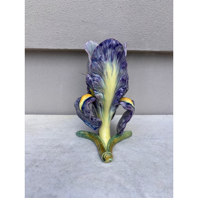 Majolica iris vase Massier unsigned of the end of 19th century. Art Nouveau period. Height / 9 inches.