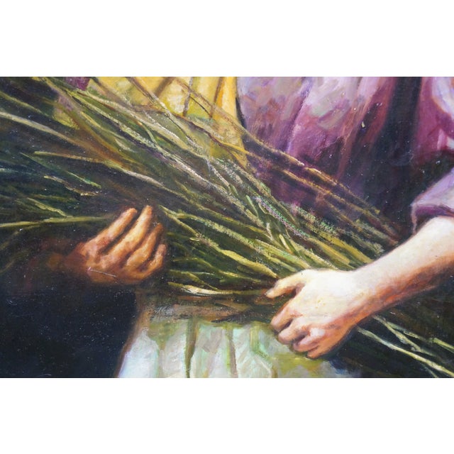 Late 20th Century Late 20th Century Woman Gathering Twigs Portrait Oil Painting on Linen After Morgan Weistling 32" For Sale - Image 5 of 11